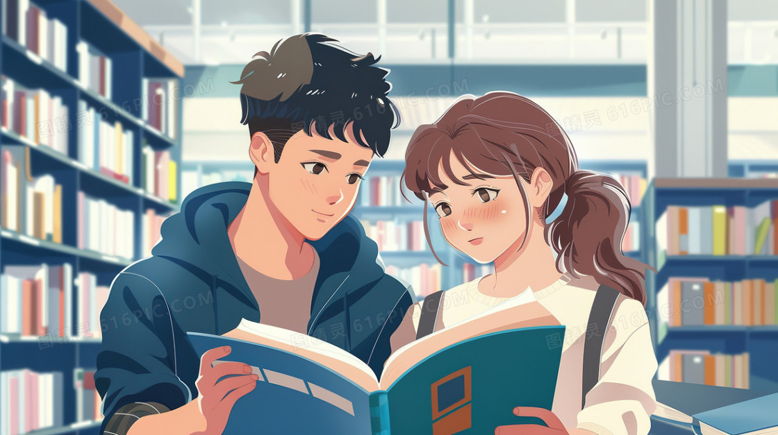 图书馆里一起阅读的男生女生插画