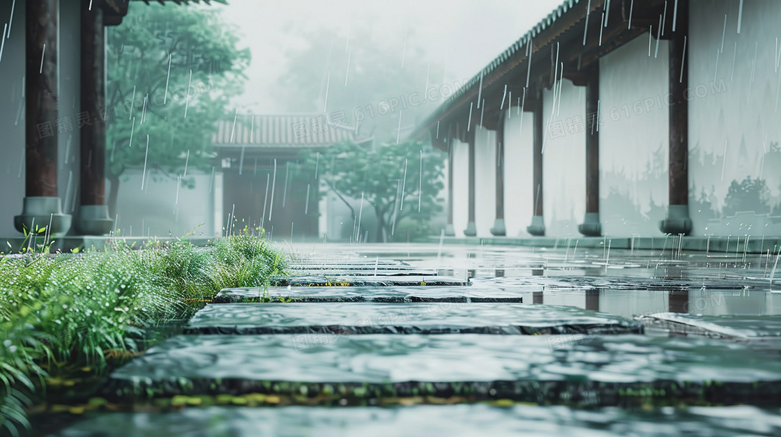 雨中的古镇一角插画