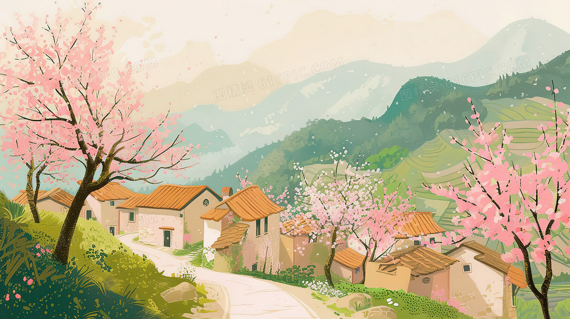 春天樱花盛开的村庄插画