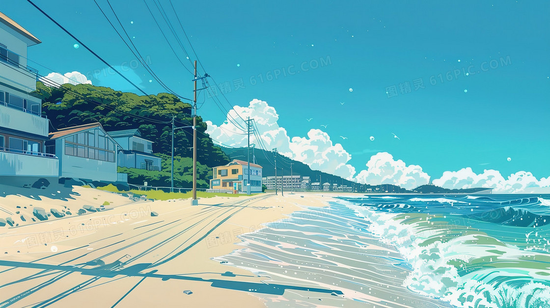 沿海城市的海浪拍打着海滩插画