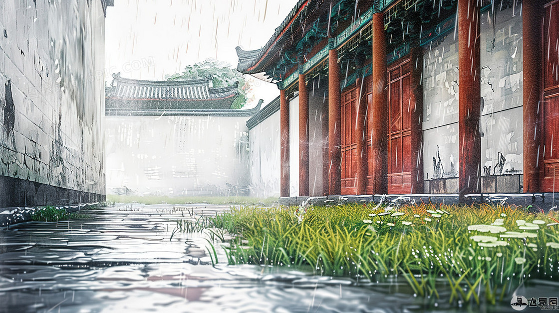 雨中的古镇一角插画
