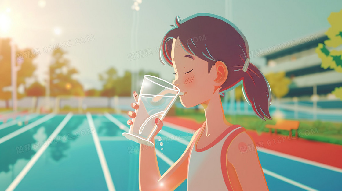 跑道上喝水的女生插画