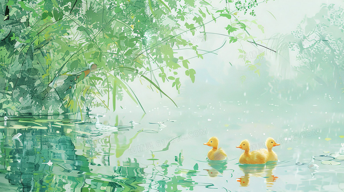 春季水塘上的鸭群插画