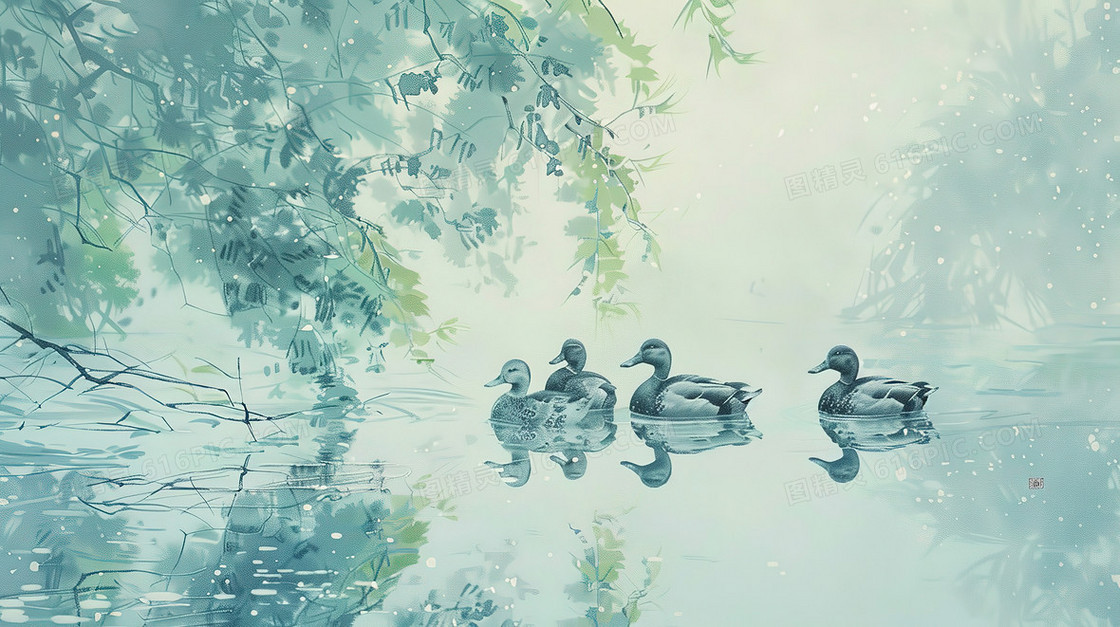 春季水塘上的鸭群插画