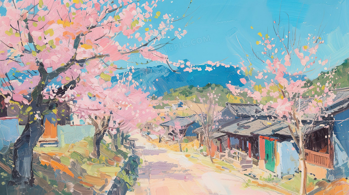 春天樱花盛开的村庄插画