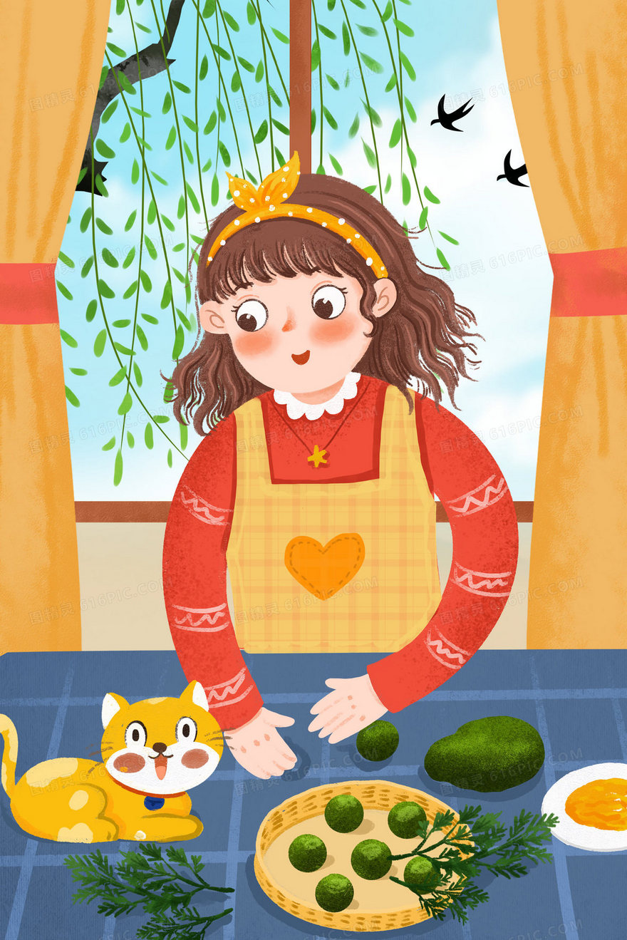 清明节女孩做青团子手绘插画