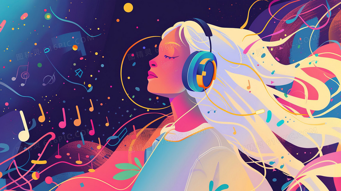 戴着耳机的白发少女插画