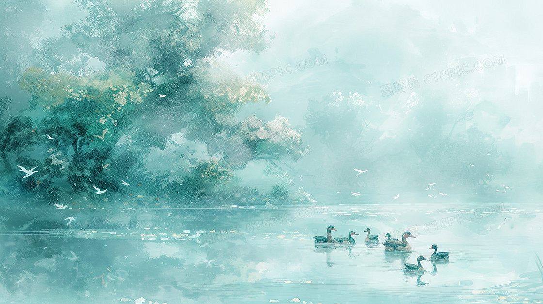 春季水塘上的鸭群插画