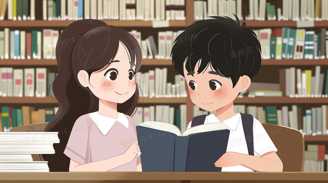 图书馆里一起阅读的男生女生插画