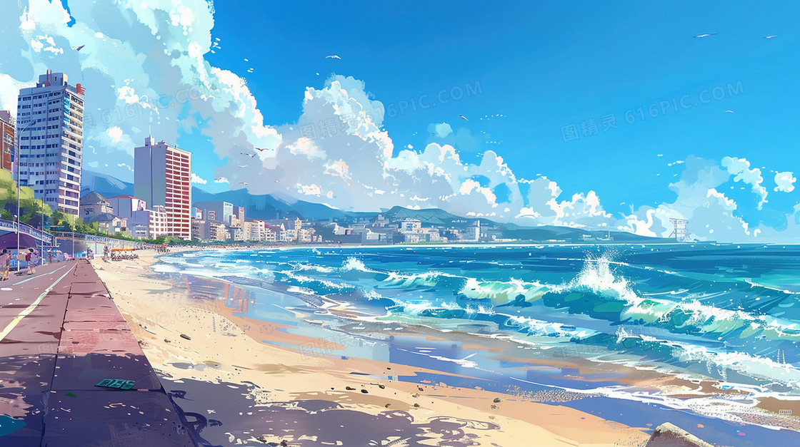 沿海城市的海浪拍打着海滩插画