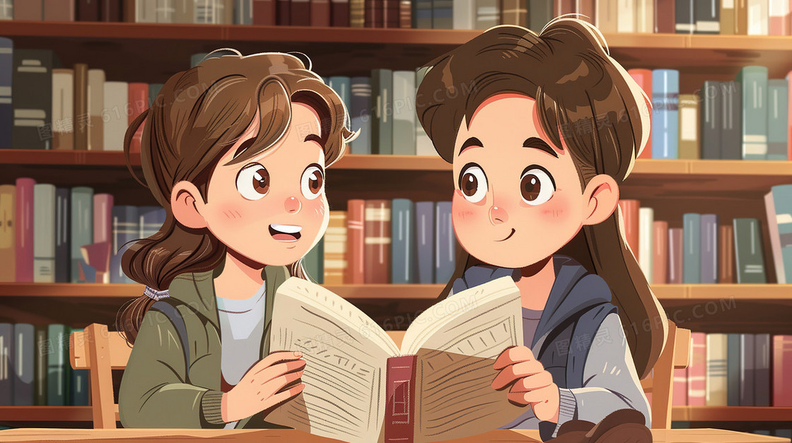 图书馆里一起阅读的男生女生插画
