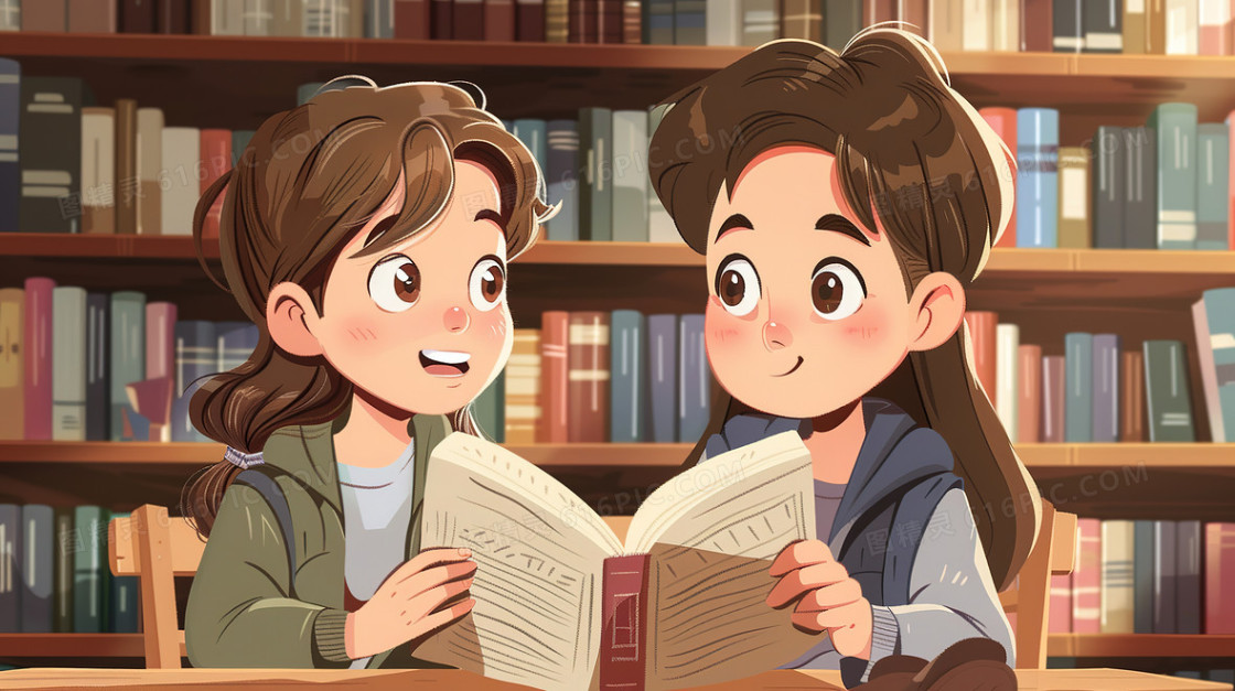 图书馆里一起阅读的男生女生插画