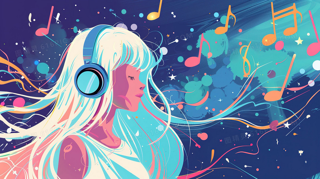 戴着耳机的白发少女插画
