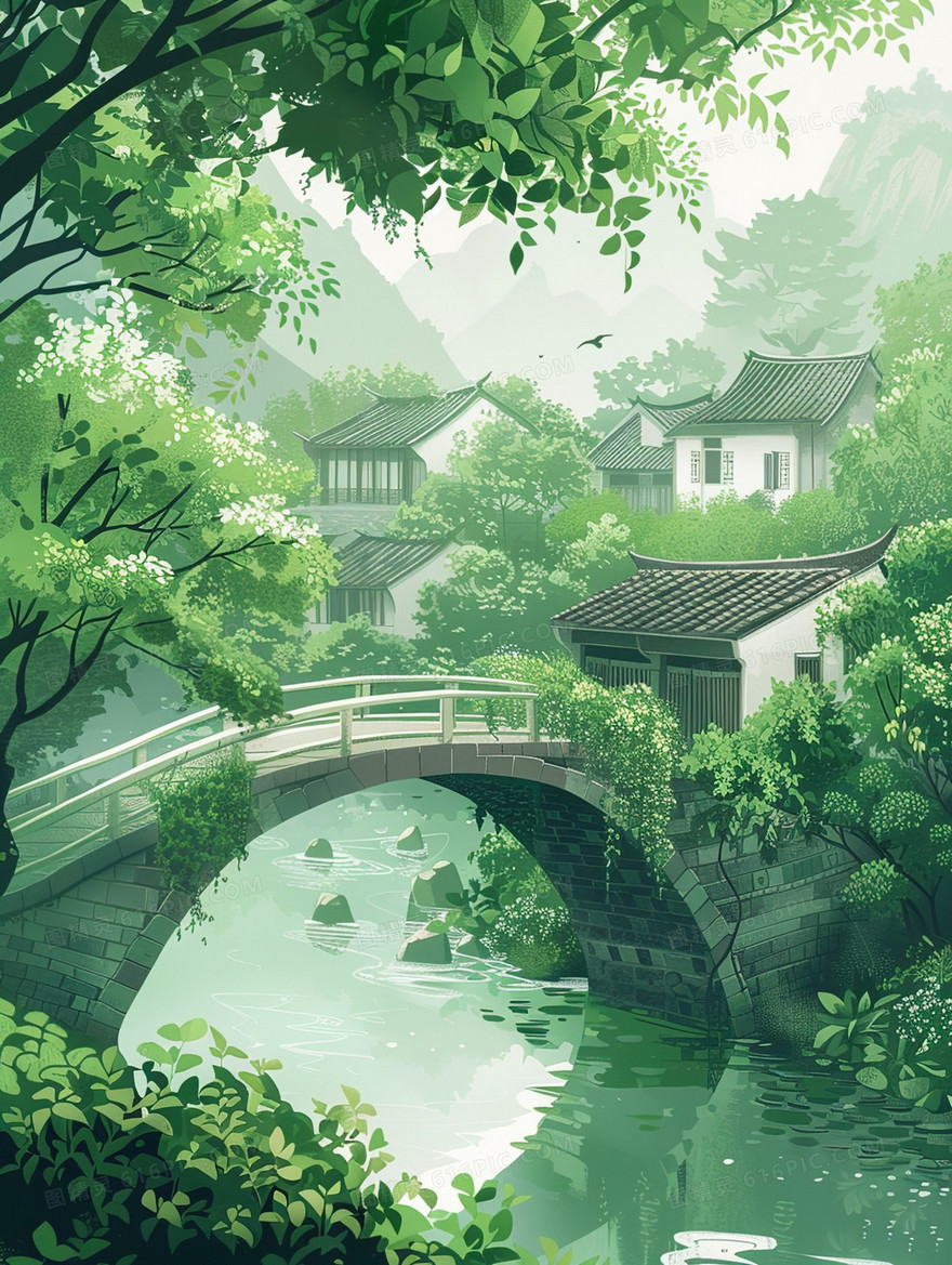 绿色春季中国风山村风景插画