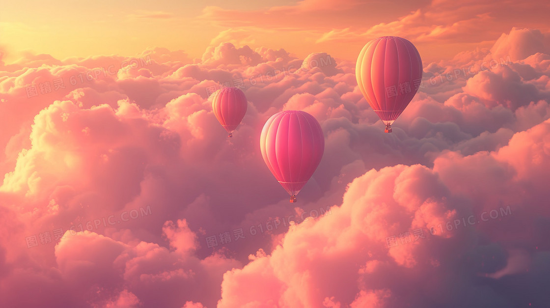 粉色梦幻热气球飘在天空插画