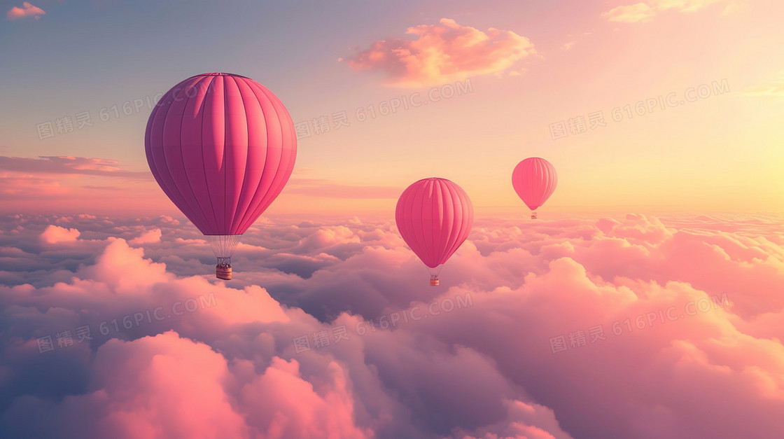 粉色梦幻热气球飘在天空插画