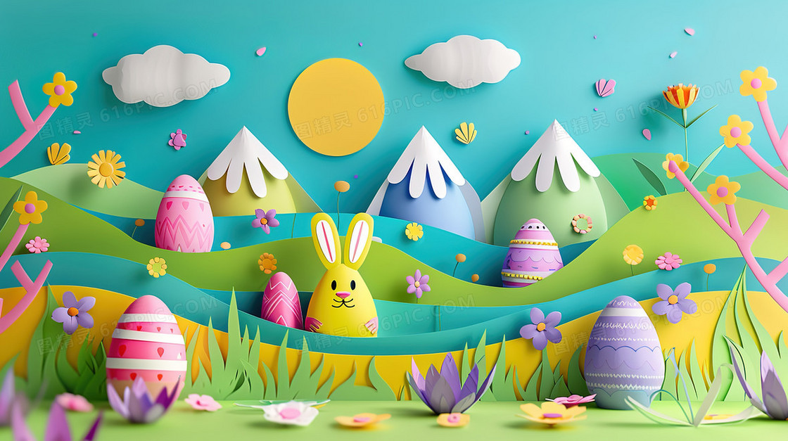 彩色3D复活节彩蛋兔子插画