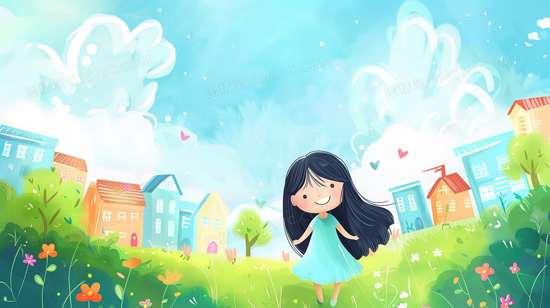 蓝绿色卡通小女孩草地上游玩插画