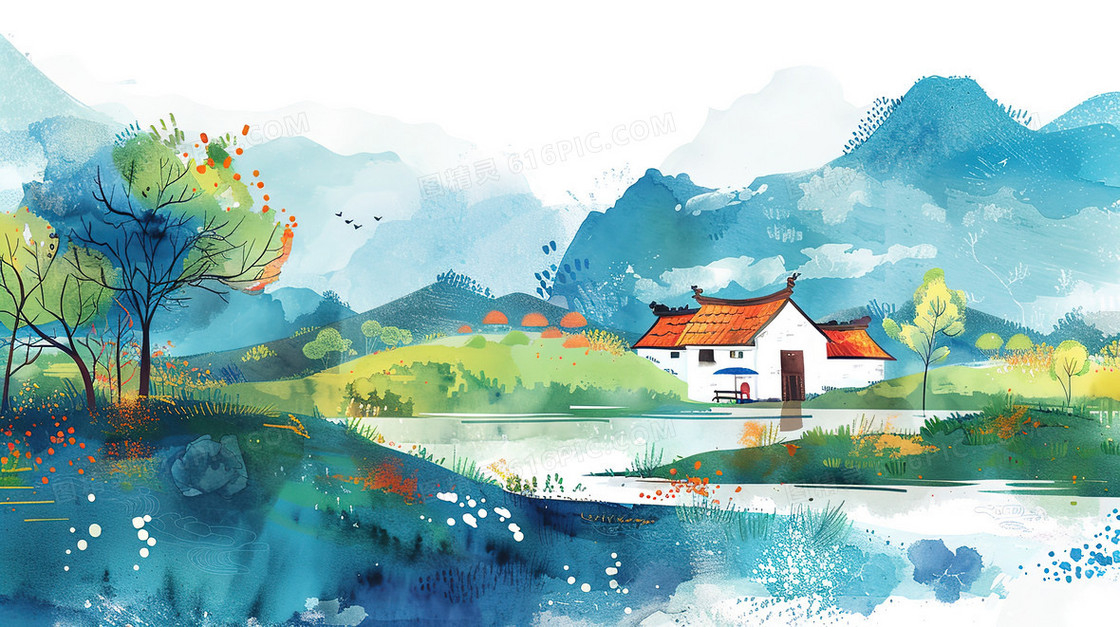 春季中国风山村风景插画