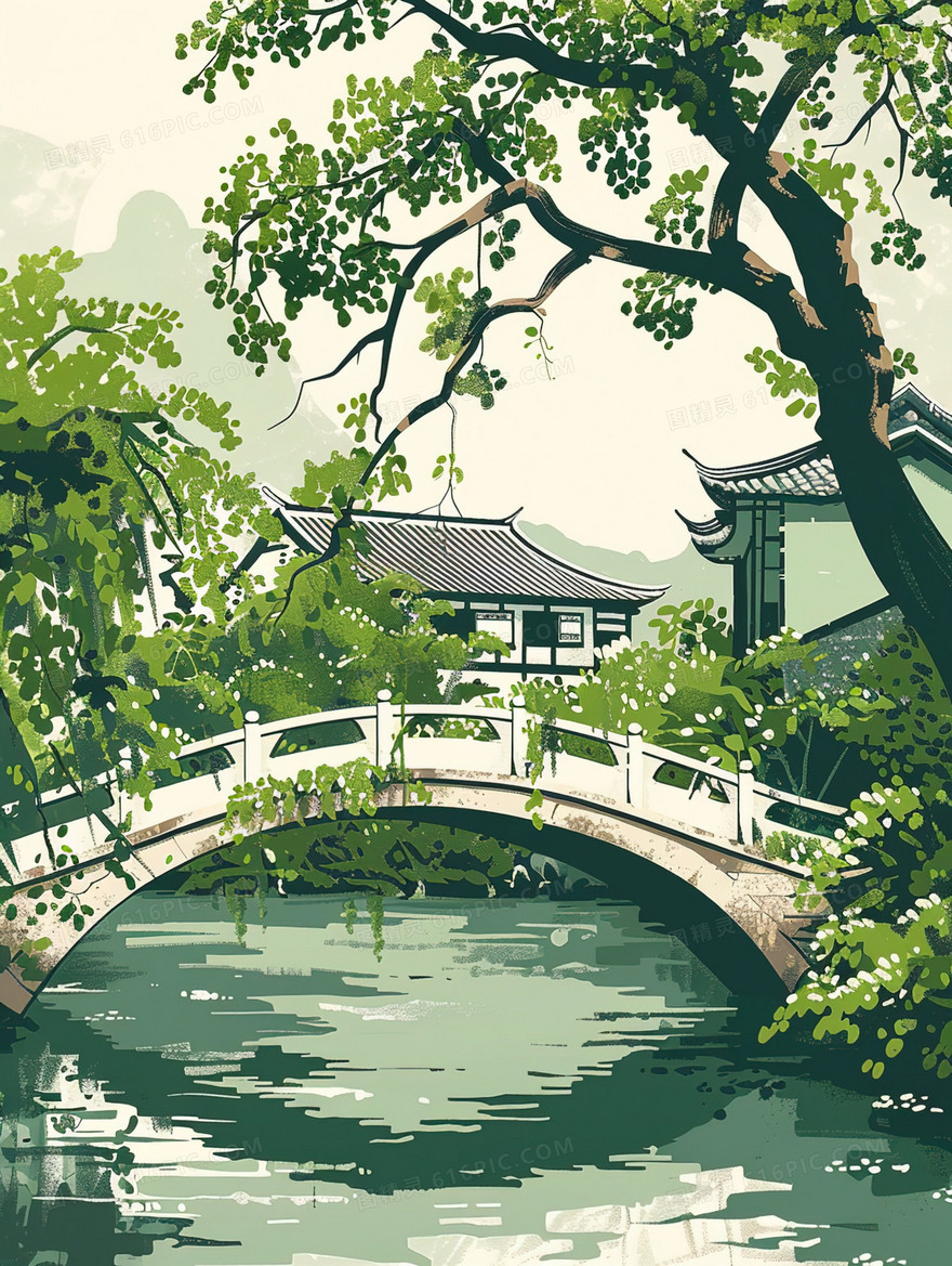 绿色春季中国风山村风景插画