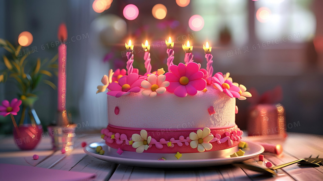 粉色3D立体儿童节生日蛋糕插画
