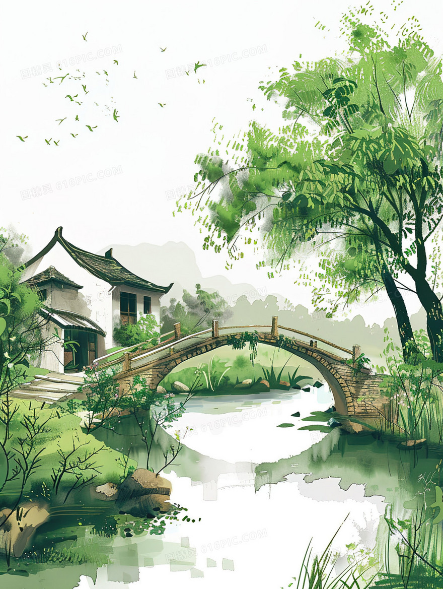 绿色春季中国风山村风景插画