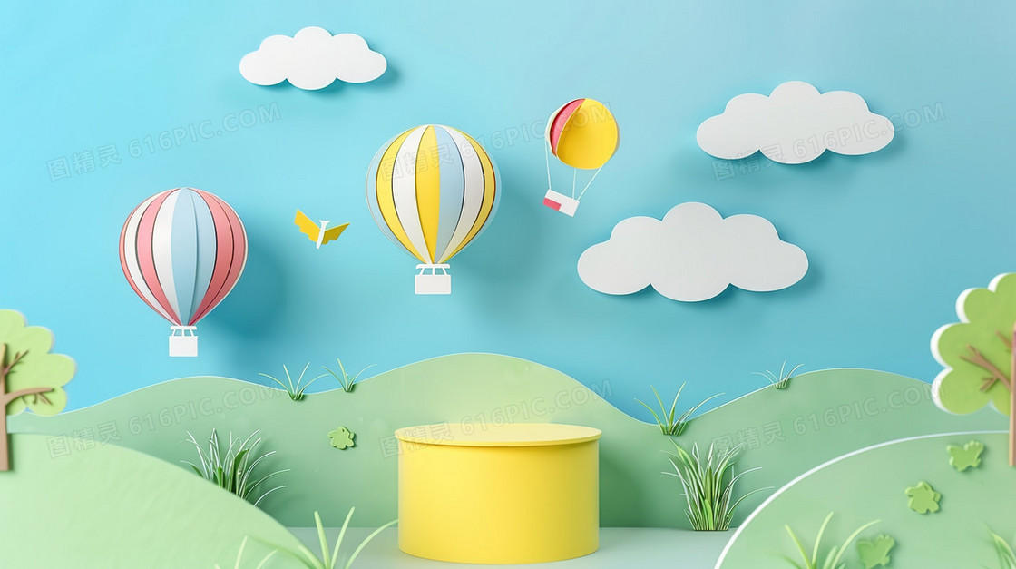 黄绿色儿童节梦幻热气球插画