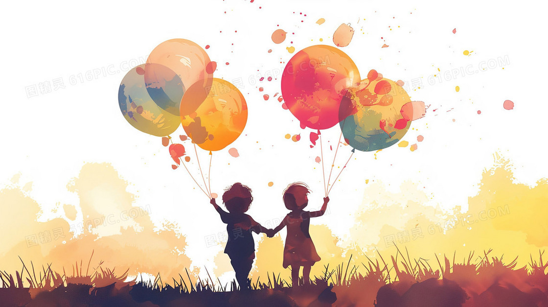 彩色两个孩子拿着气球玩耍的剪影插画