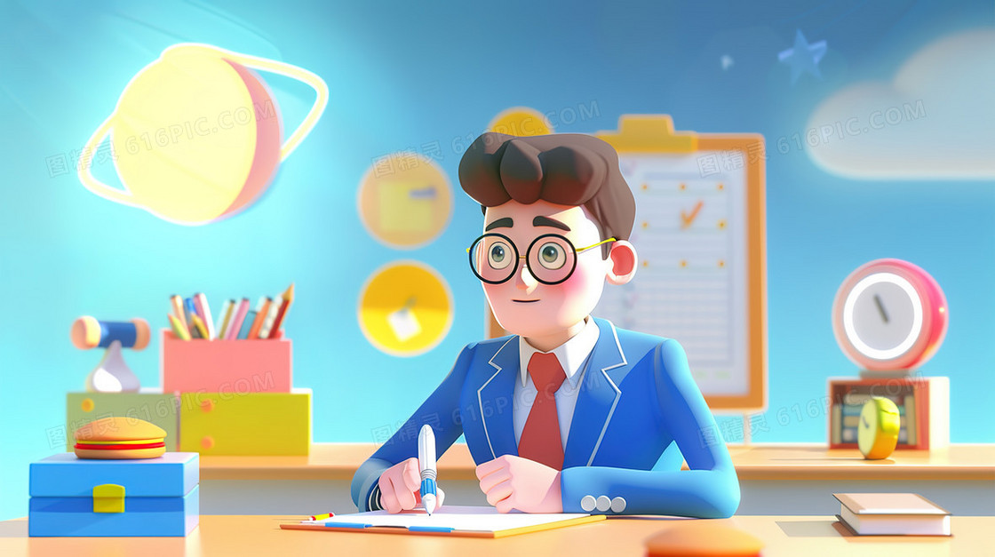 蓝色3D立体商务办公男士插画