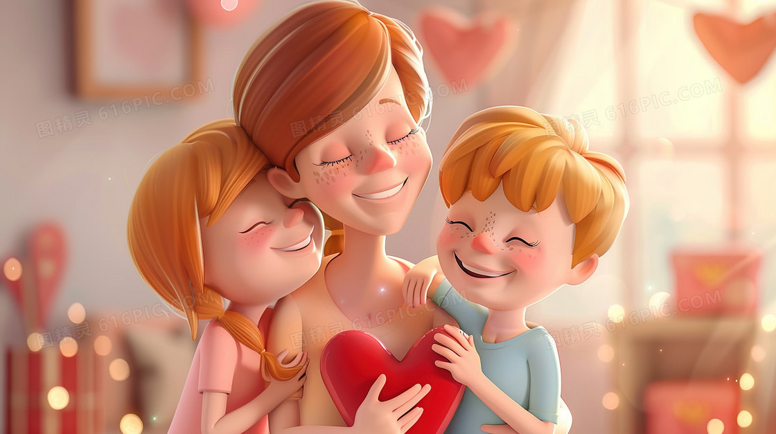 3D立体儿童节家长陪伴孩子插画