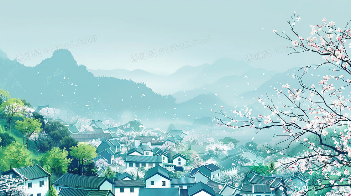 绿色中国风山村风景插画