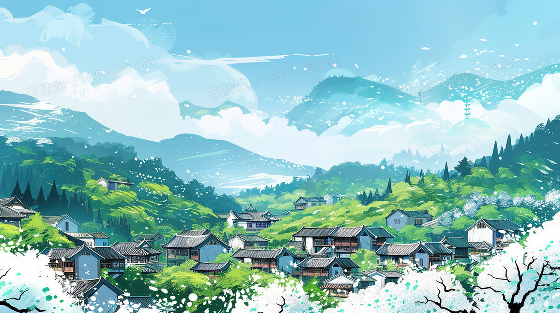 绿色中国风山村风景插画