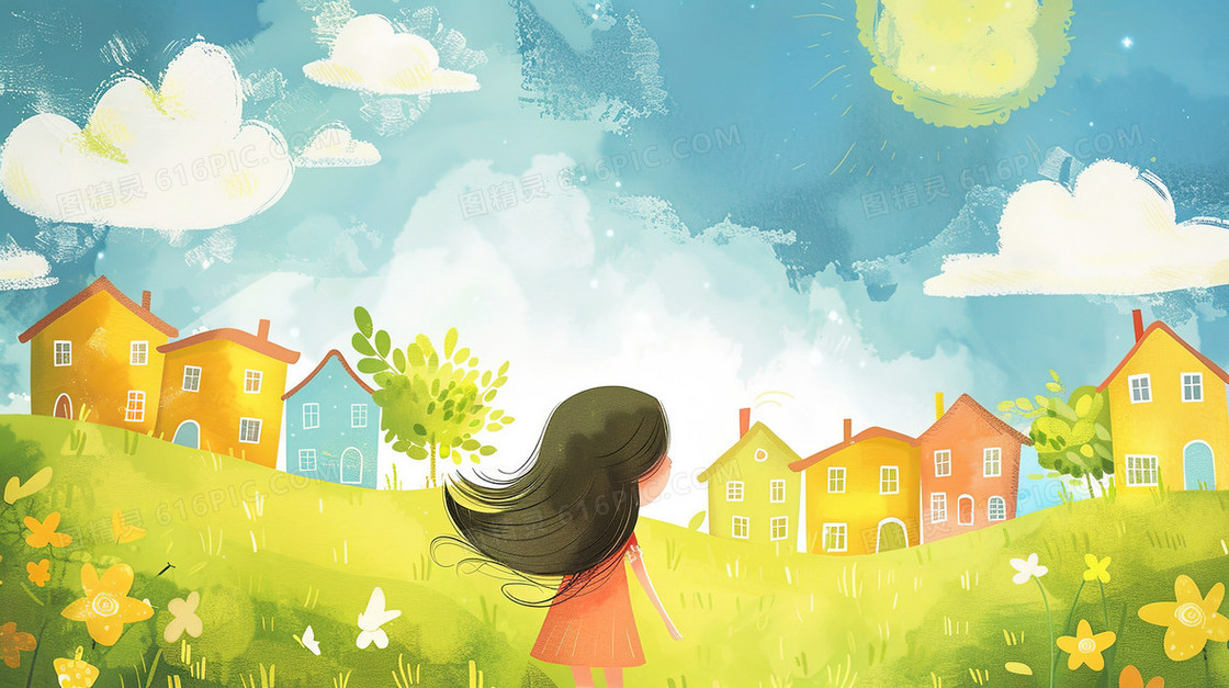 蓝绿色卡通小女孩草地上游玩插画