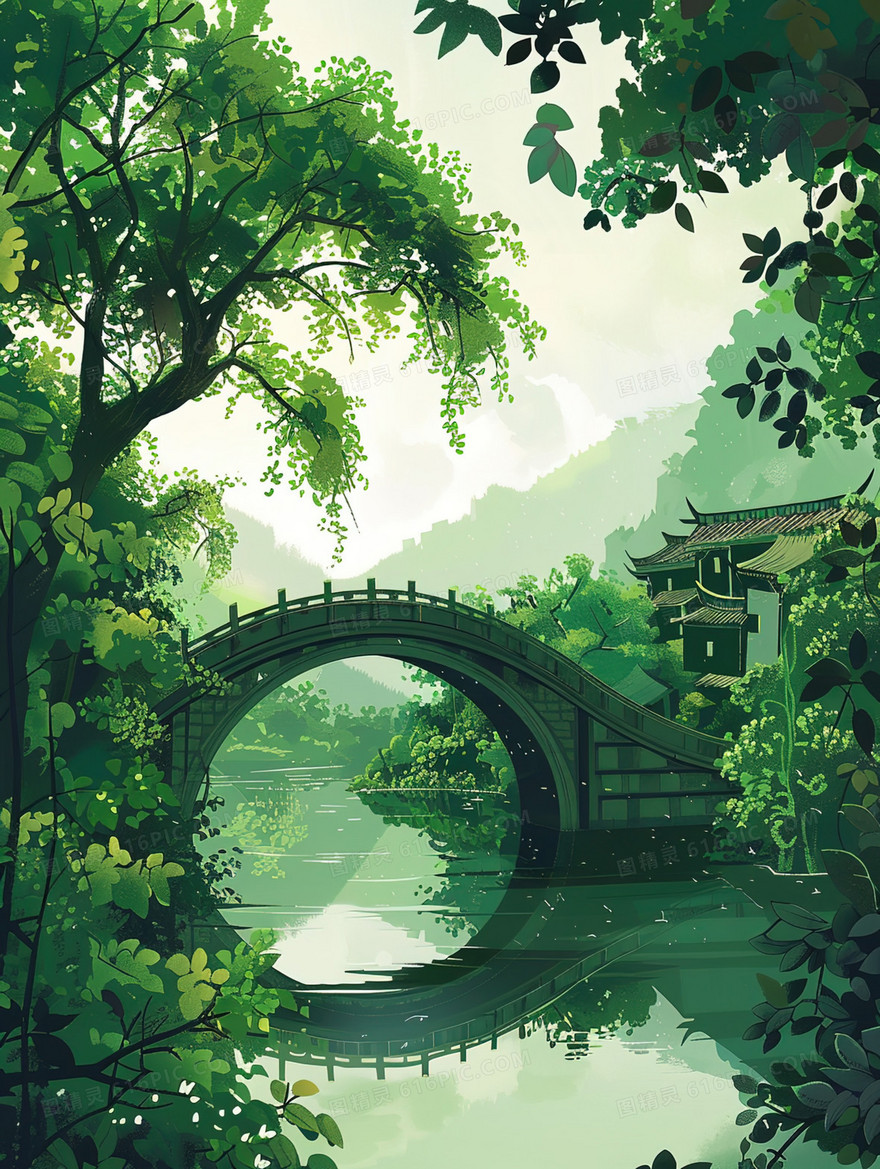绿色春季中国风山村风景插画