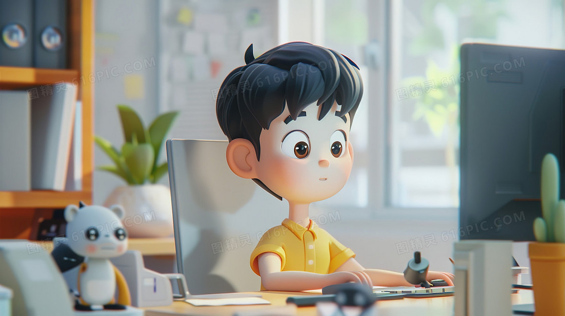 3D立体卡通电脑写作业的男孩插画