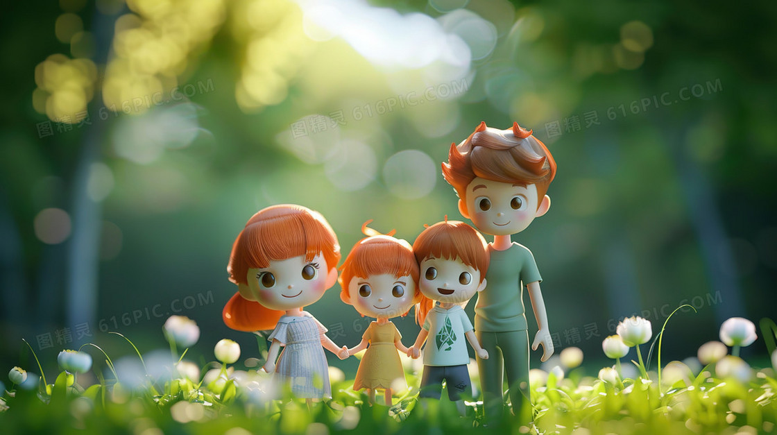 3D立体儿童节家长陪伴孩子插画