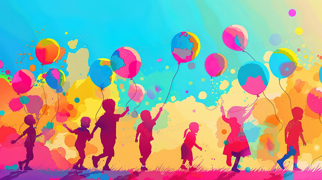 孩子们拿着气球玩耍的剪影插画