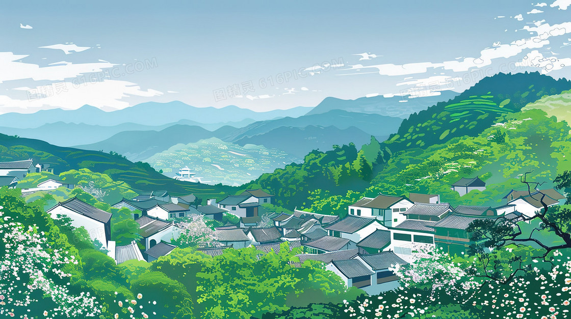 绿色中国风山村风景插画