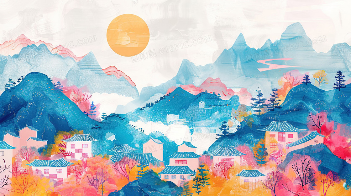 春季中国风山村风景插画