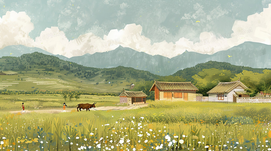 春季中国风山村风景插画