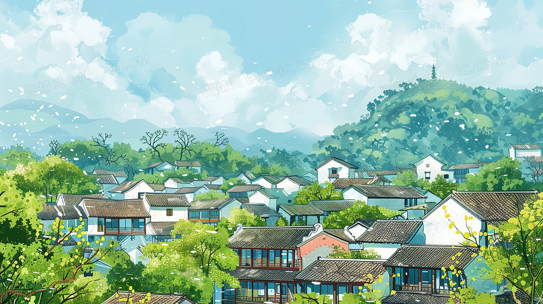 绿色中国风山村风景插画