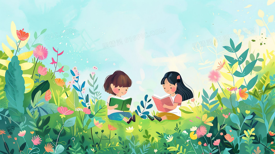 坐在草地上看书的儿童插画
