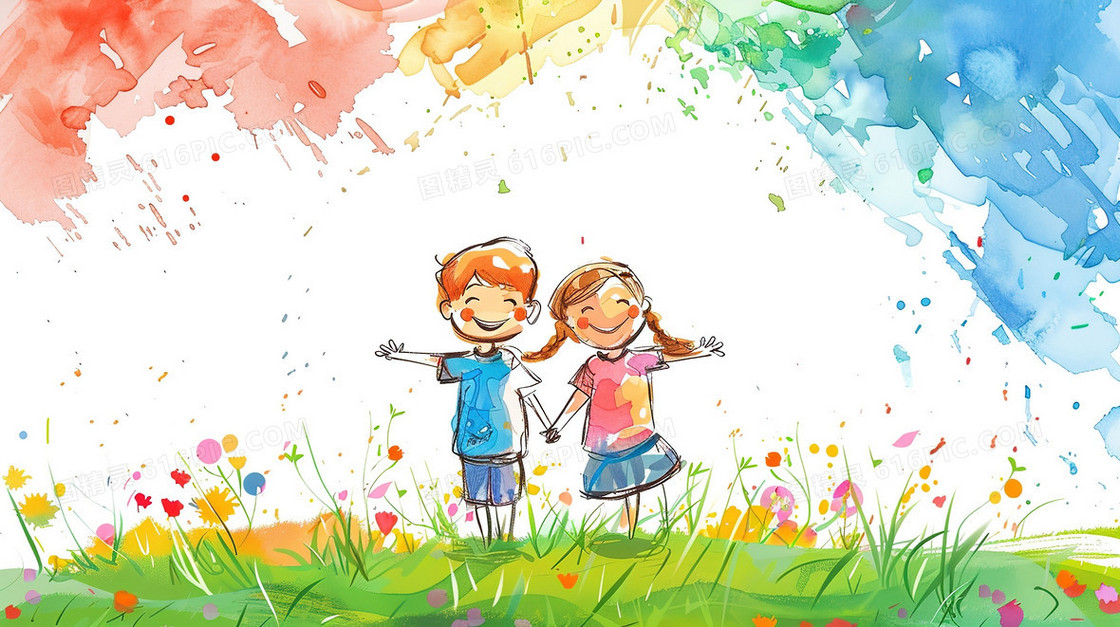 彩色卡通手绘草地上的儿童插画