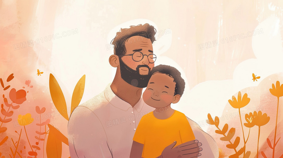 卡通爸爸陪伴孩子玩耍插画