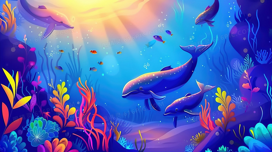 紫色漂亮的海底鲸鱼插画