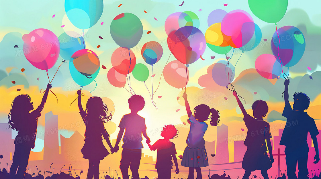 孩子们拿着气球玩耍的剪影插画
