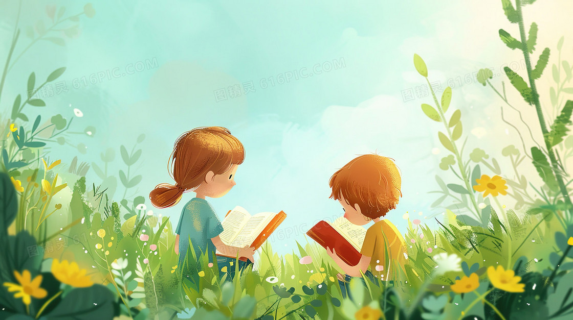 坐在草地上看书的儿童插画