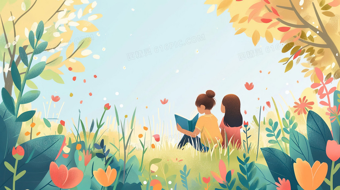 坐在草地上看书的儿童插画