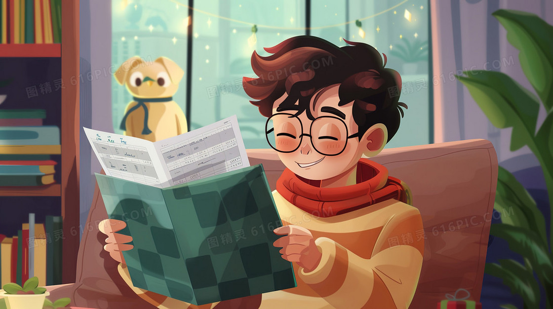 卡通阅读的小男孩插画