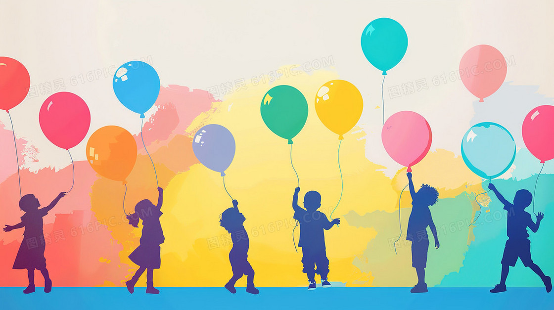 孩子们拿着气球玩耍的剪影插画